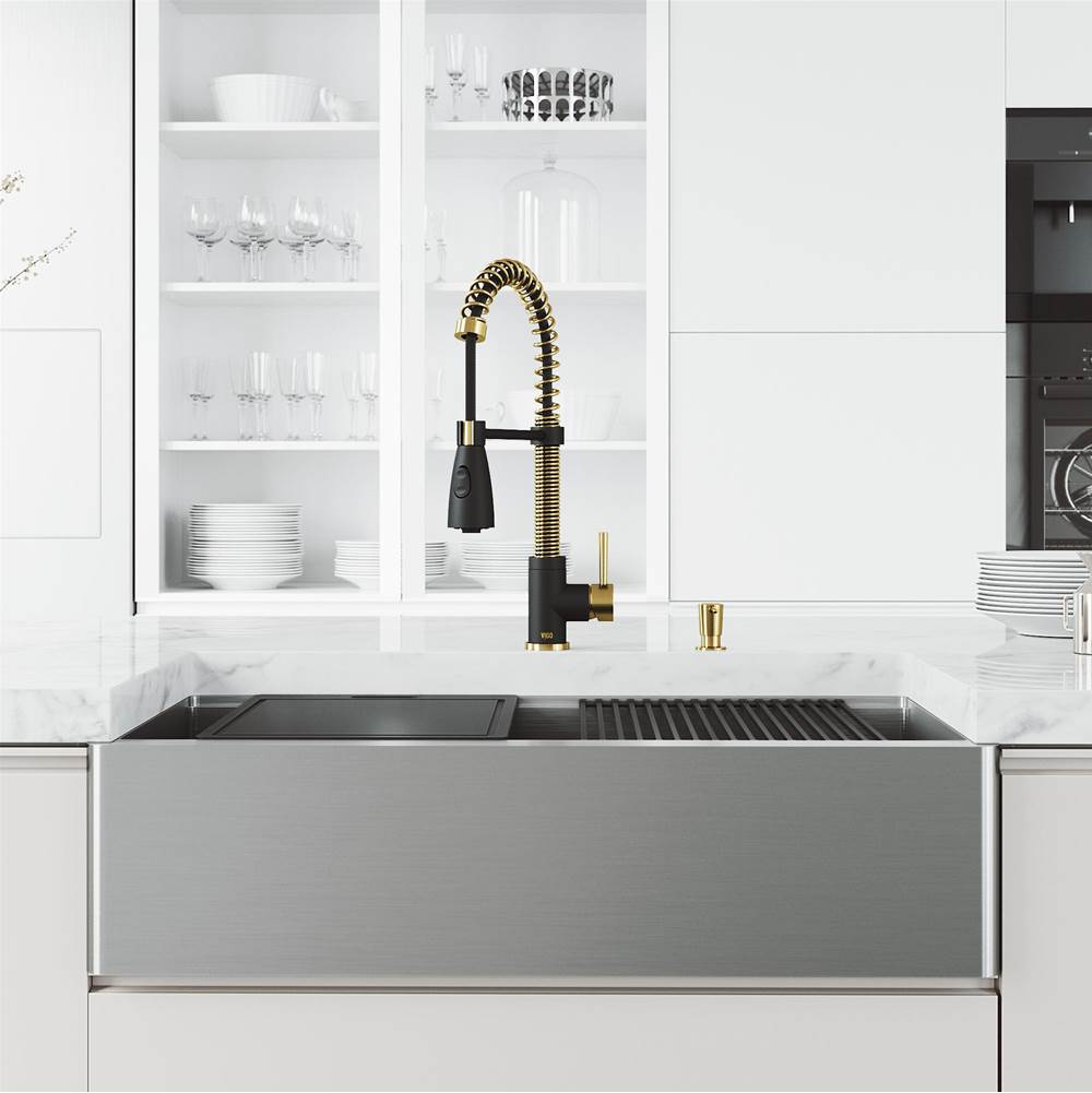 Vigo 36 in. Oxford Apron Front Stainless Steel Farmhouse Kitchen Sink with Accessories and Brant Faucet in Matte Brushed Gold and Matte Black