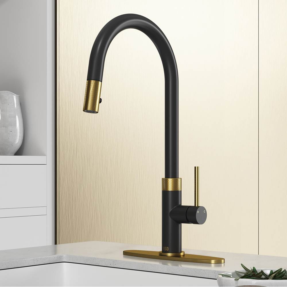 Vigo Bristol Pull-Down Kitchen Faucet with Deck Plate in Matte Brushed Gold and Matte Black