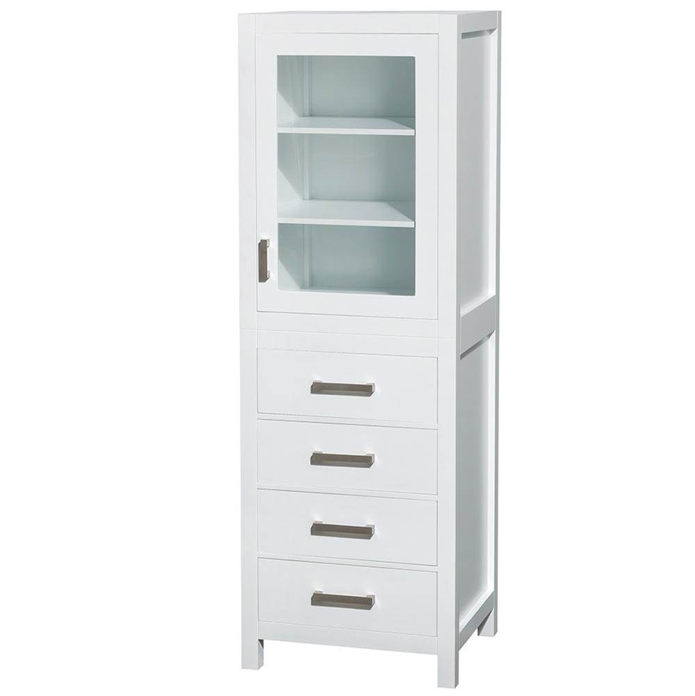 Wyndham Collection Sheffield 24 Inch Linen Tower in White with Shelved Cabinet Storage and 4 Drawers
