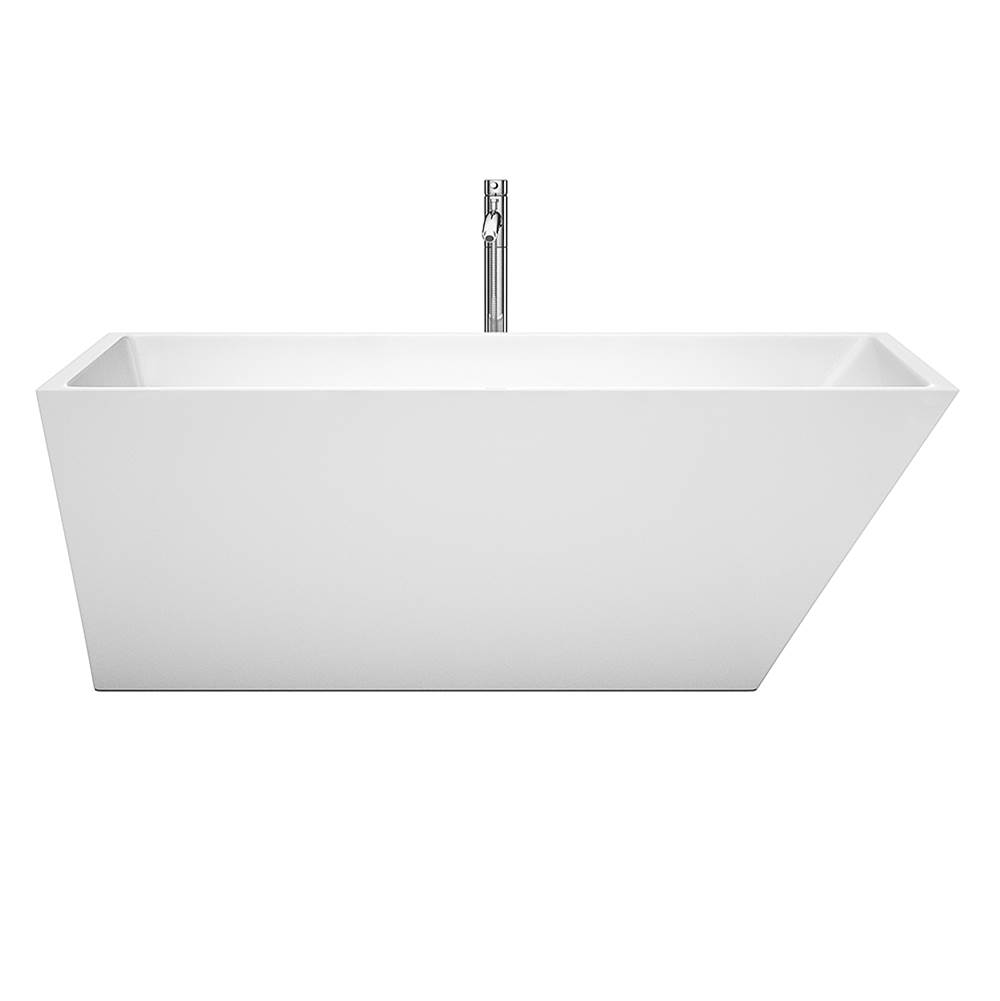 Wyndham Collection Hannah 67 Inch Freestanding Bathtub in White with Floor Mounted Faucet, Drain and Overflow Trim in Polished Chrome