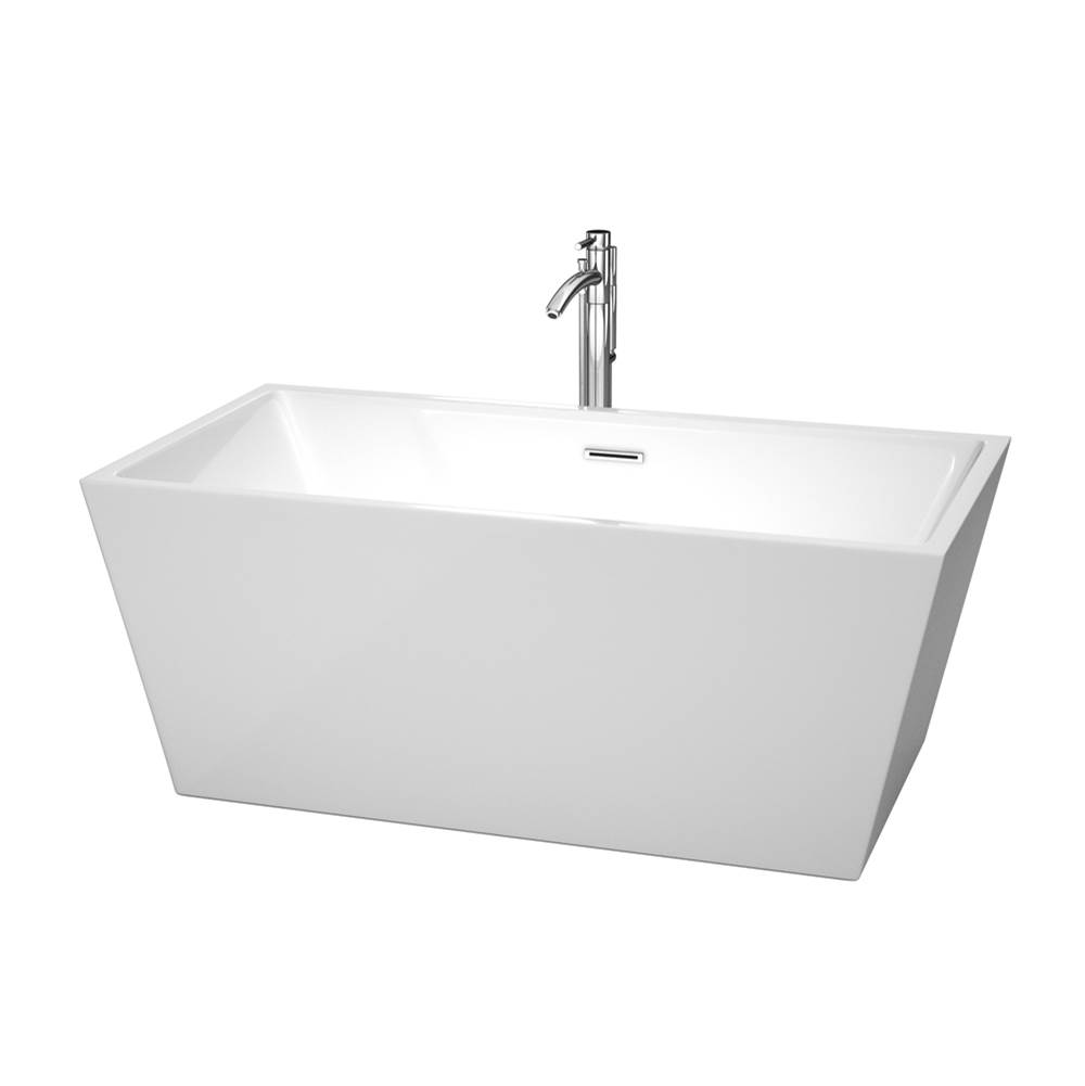 Wyndham Collection Sara 59 Inch Freestanding Bathtub in White with Floor Mounted Faucet, Drain and Overflow Trim in Polished Chrome