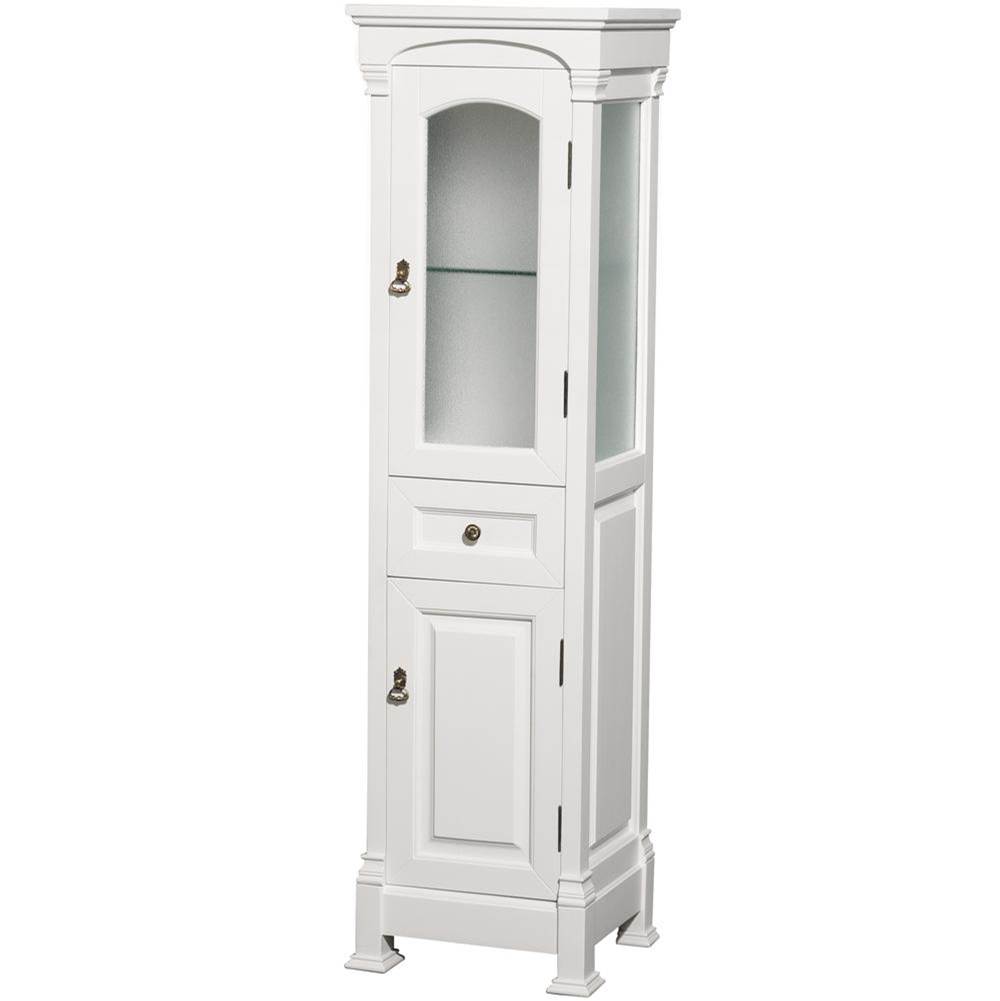 Wyndham Collection Andover Solid Oak Bathroom Linen Tower with Cabinet Storage in White