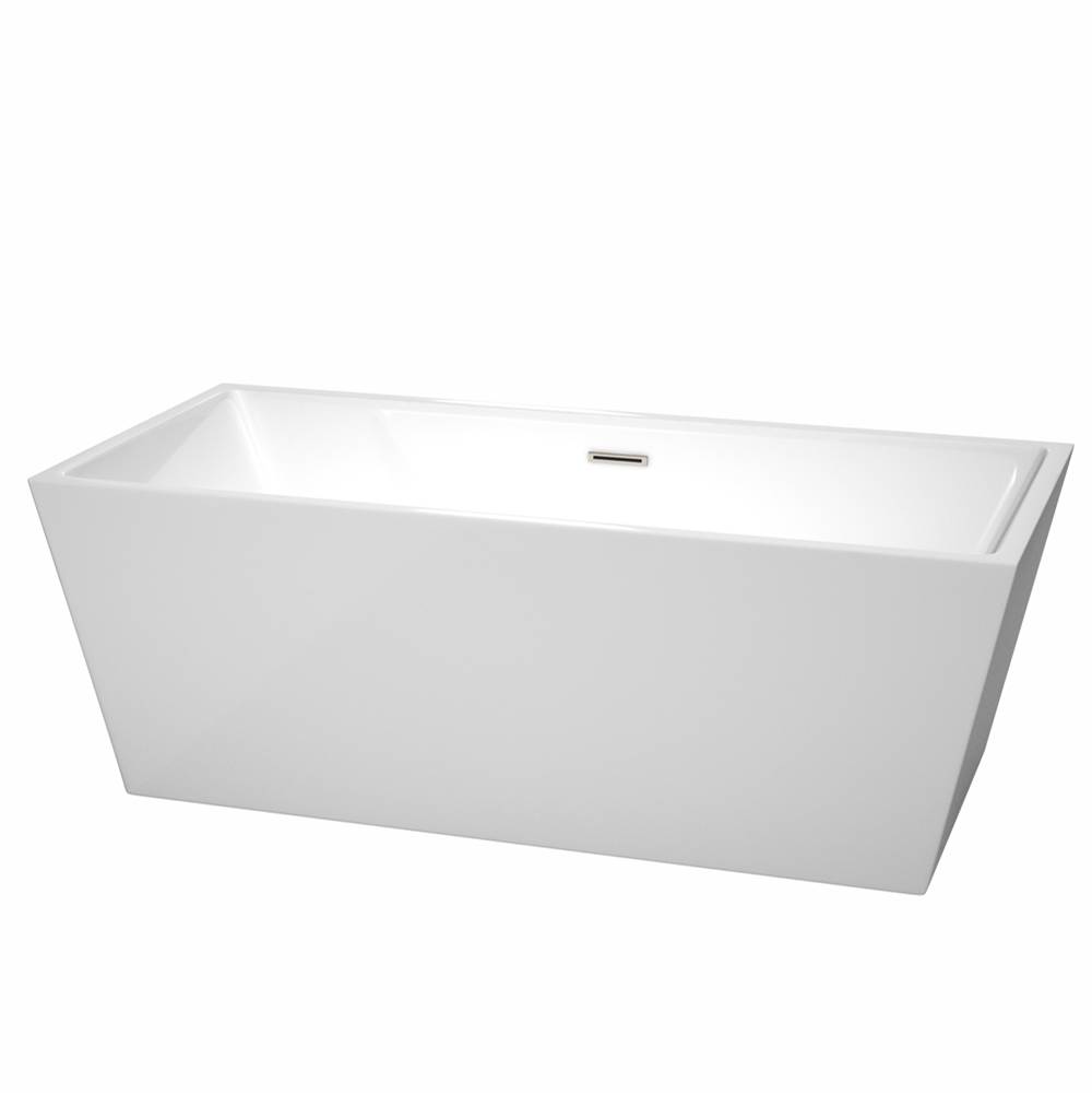 Wyndham Collection Sara 67 Inch Freestanding Bathtub in White with Brushed Nickel Drain and Overflow Trim