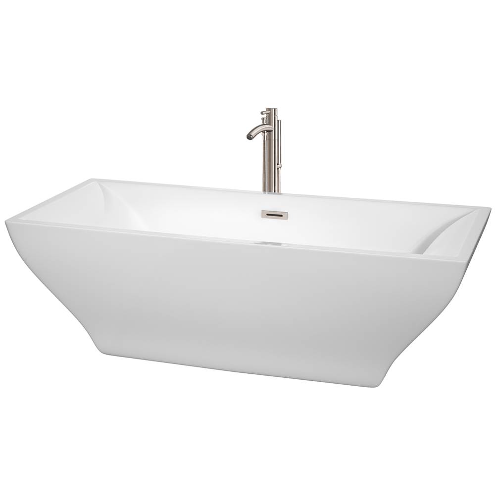 Wyndham Collection Maryam 71 Inch Freestanding Bathtub in White with Floor Mounted Faucet, Drain and Overflow Trim in Brushed Nickel