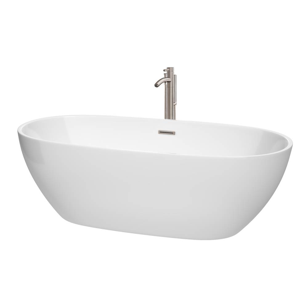 Wyndham Collection Juno 71 Inch Freestanding Bathtub in White with Floor Mounted Faucet, Drain and Overflow Trim in Brushed Nickel
