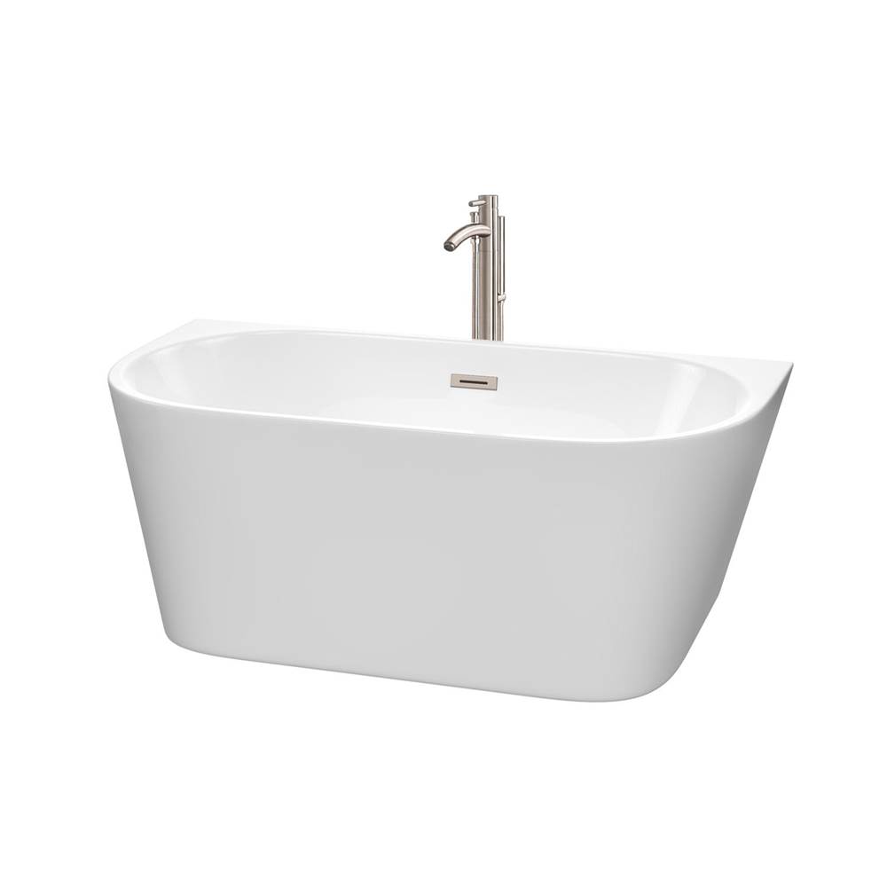 Wyndham Collection Callie 59 Inch Freestanding Bathtub in White with Floor Mounted Faucet, Drain and Overflow Trim in Brushed Nickel