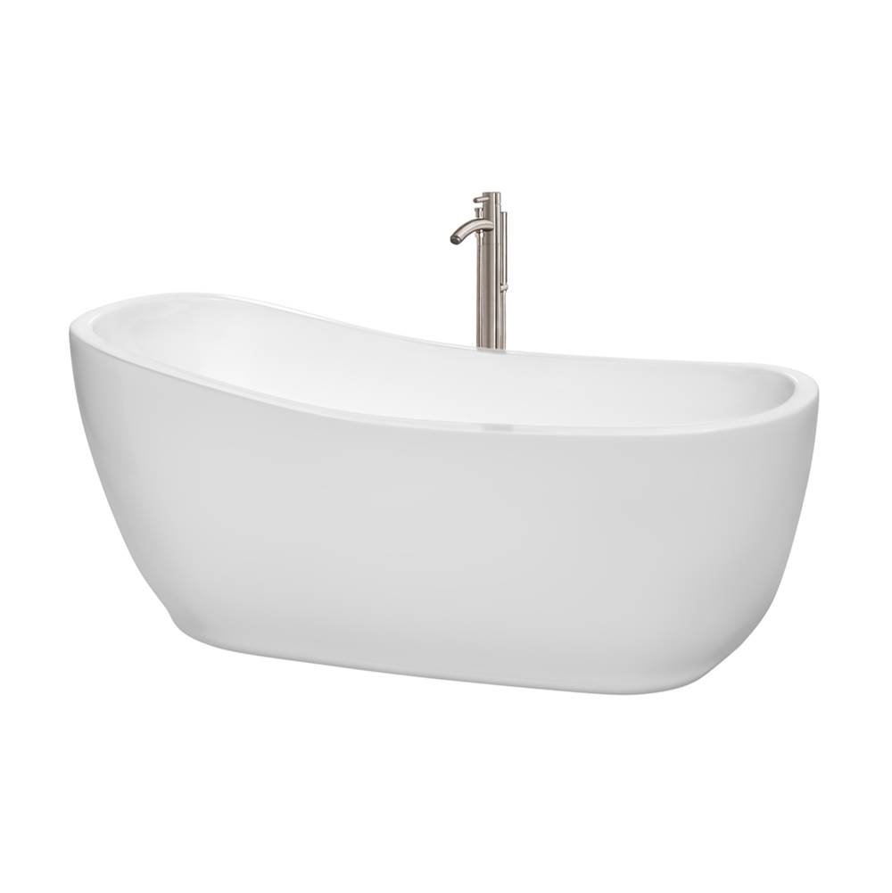 Wyndham Collection Margaret 66 Inch Freestanding Bathtub in White with Floor Mounted Faucet, Drain and Overflow Trim in Brushed Nickel