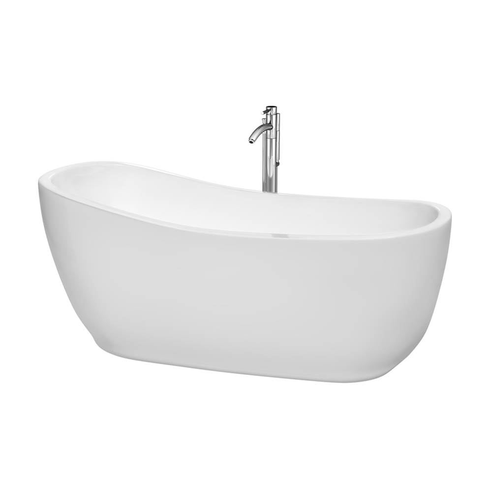 Wyndham Collection Margaret 66 Inch Freestanding Bathtub in White with Floor Mounted Faucet, Drain and Overflow Trim in Polished Chrome