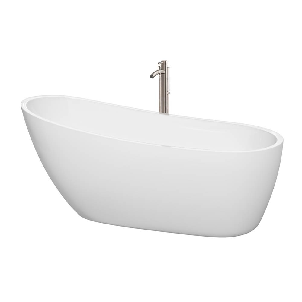 Wyndham Collection Florence 68 Inch Freestanding Bathtub in White with Floor Mounted Faucet, Drain and Overflow Trim in Brushed Nickel