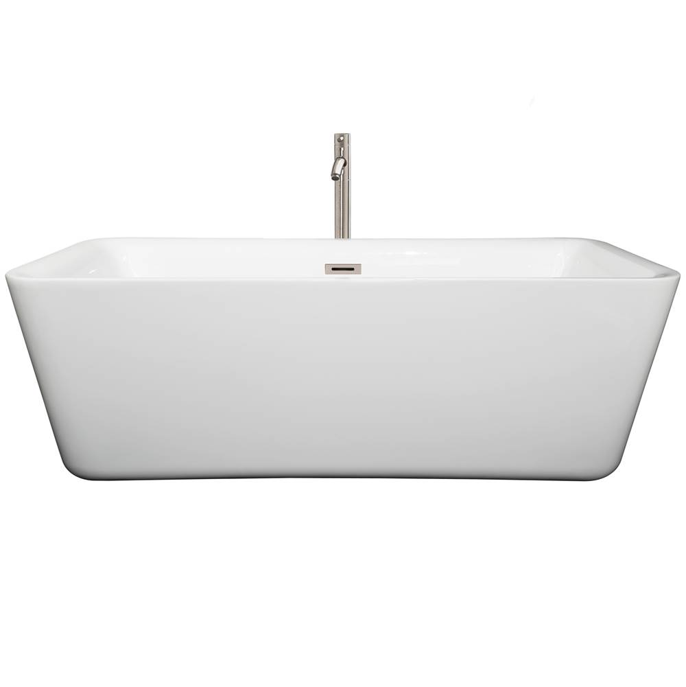 Wyndham Collection Emily 69 Inch Freestanding Bathtub in White with Floor Mounted Faucet, Drain and Overflow Trim in Brushed Nickel