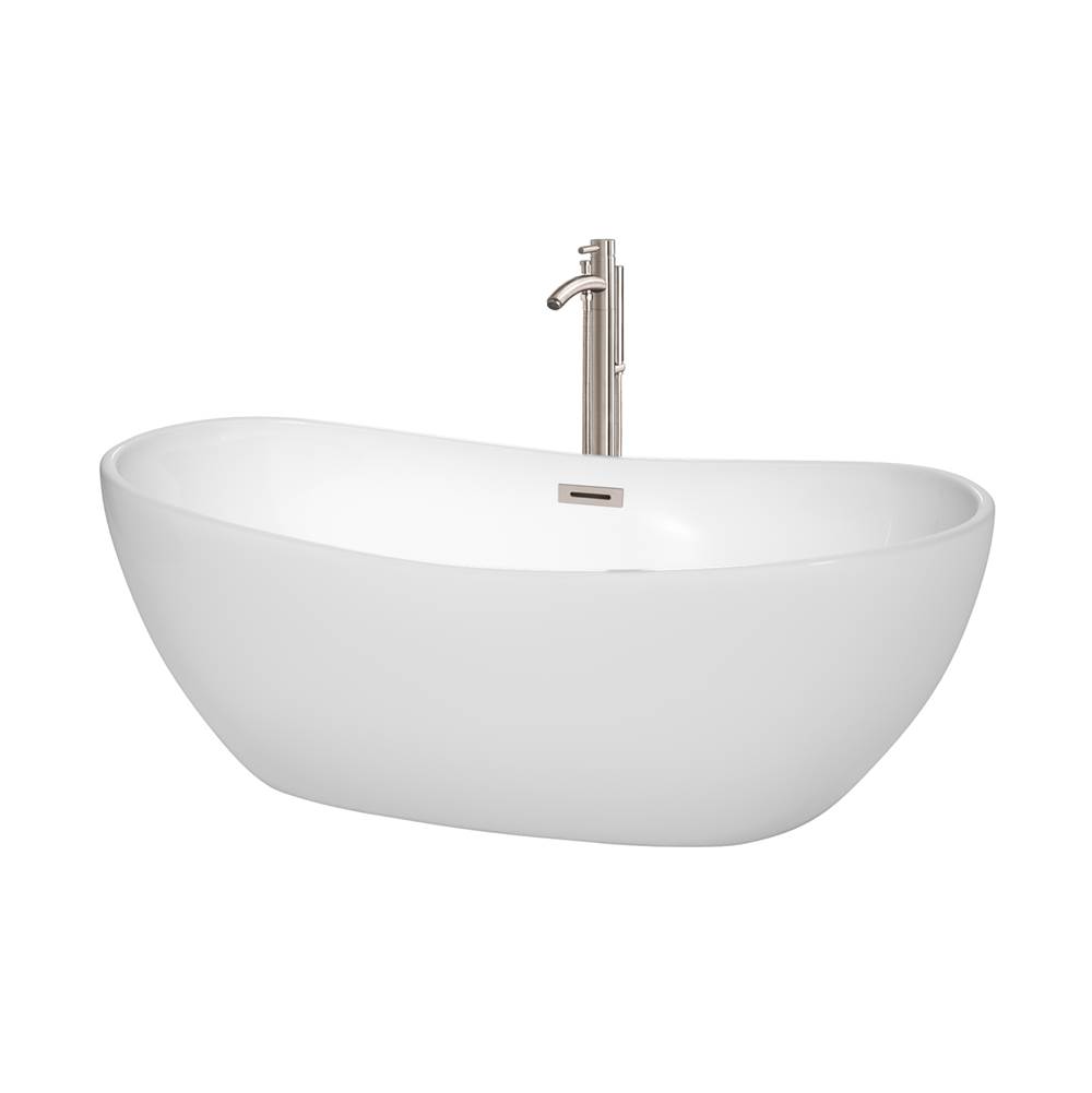 Wyndham Collection Rebecca 65 Inch Freestanding Bathtub in White with Floor Mounted Faucet, Drain and Overflow Trim in Brushed Nickel