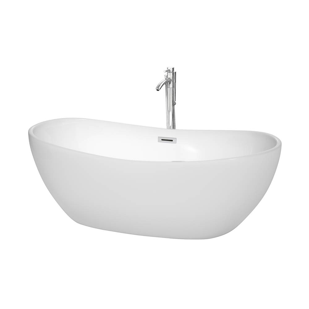 Wyndham Collection Rebecca 65 Inch Freestanding Bathtub in White with Floor Mounted Faucet, Drain and Overflow Trim in Polished Chrome