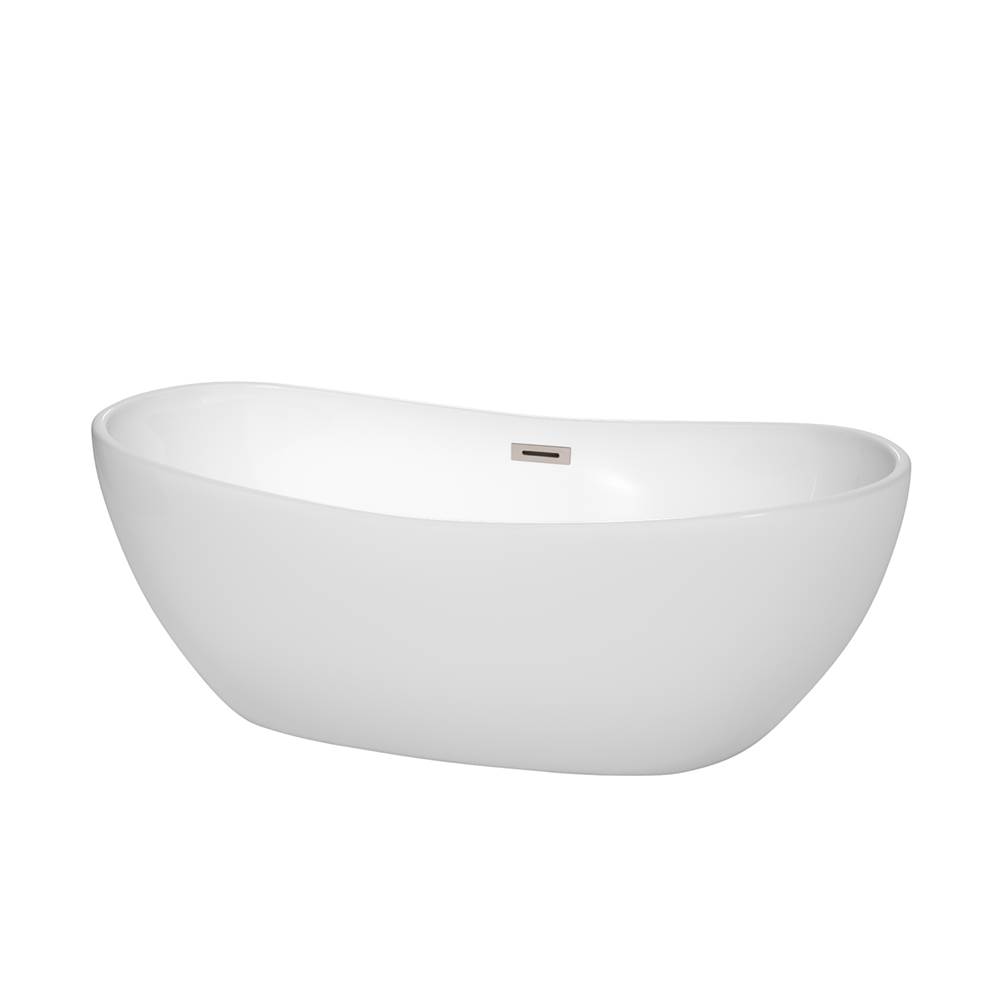Wyndham Collection Rebecca 65 Inch Freestanding Bathtub in White with Brushed Nickel Drain and Overflow Trim