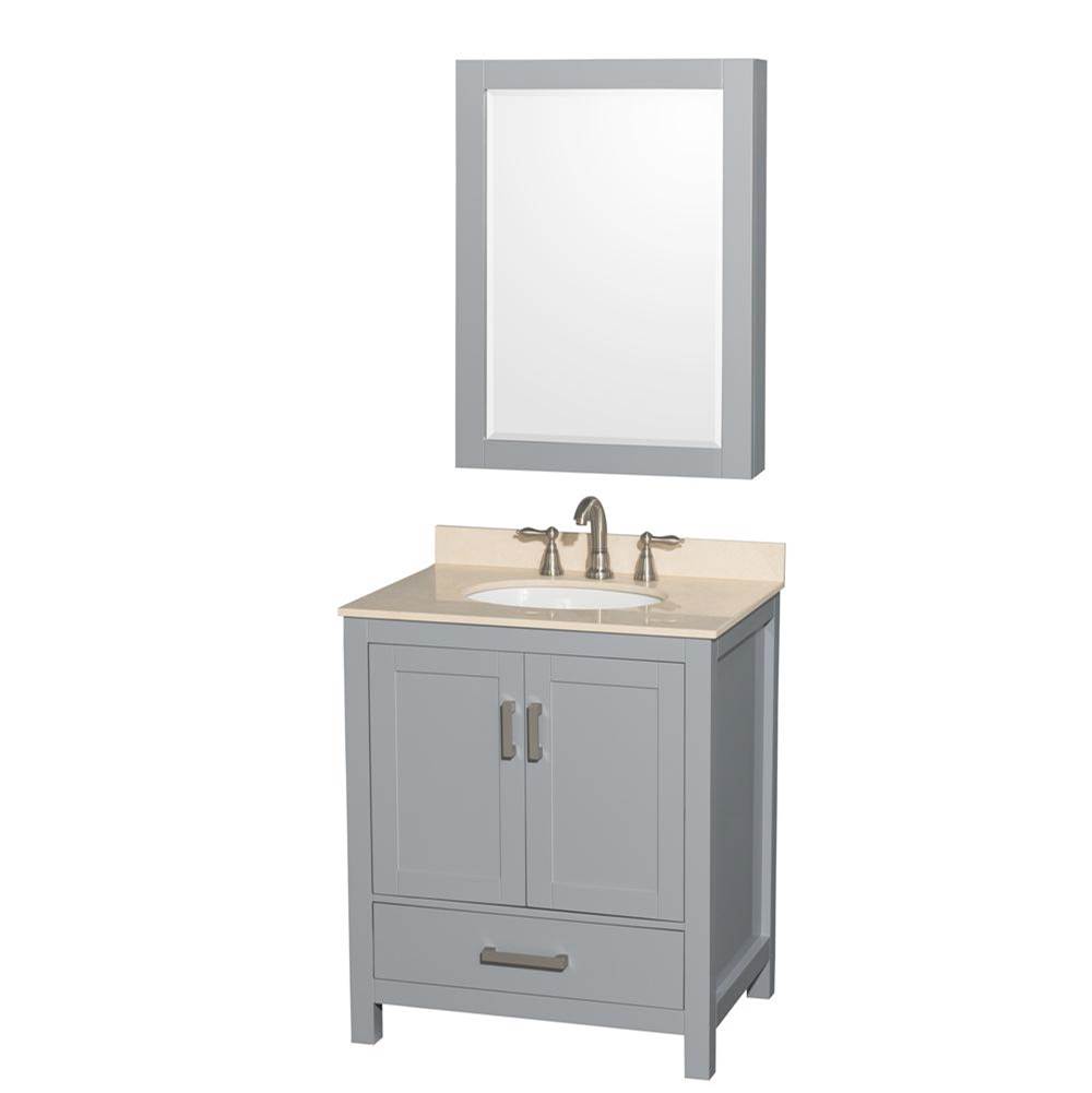 Wyndham Collection Sheffield 30 Inch Single Bathroom Vanity in Gray, Ivory Marble Countertop, Undermount Oval Sink, and Medicine Cabinet