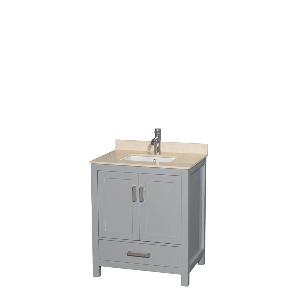 Wyndham Collection Sheffield 30 Inch Single Bathroom Vanity in Gray, Ivory Marble Countertop, Undermount Square Sink, and No Mirror