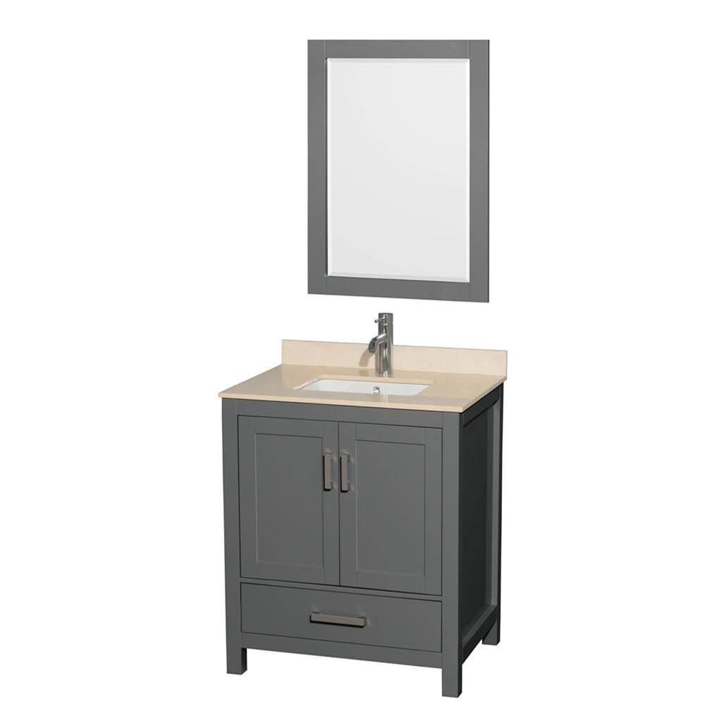 Wyndham Collection Sheffield 30 Inch Single Bathroom Vanity in Dark Gray, Ivory Marble Countertop, Undermount Square Sink, and 24 Inch Mirror