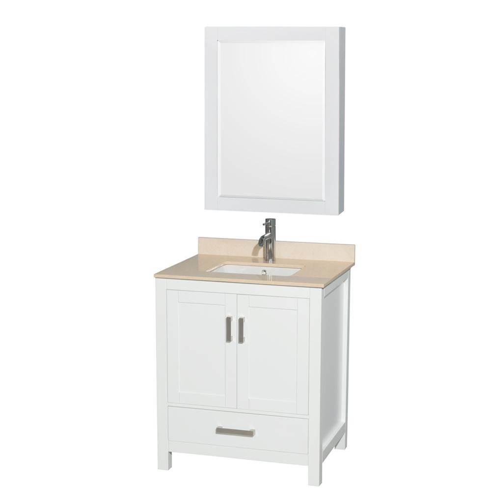 Wyndham Collection Sheffield 30 Inch Single Bathroom Vanity in White, Ivory Marble Countertop, Undermount Square Sink, and Medicine Cabinet