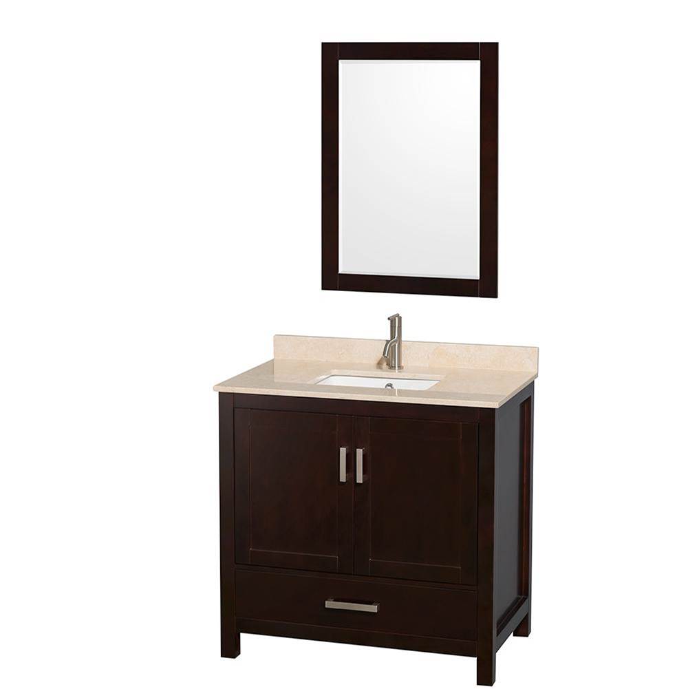 Wyndham Collection Sheffield 36 Inch Single Bathroom Vanity in Espresso, Ivory Marble Countertop, Undermount Square Sink, and 24 Inch Mirror