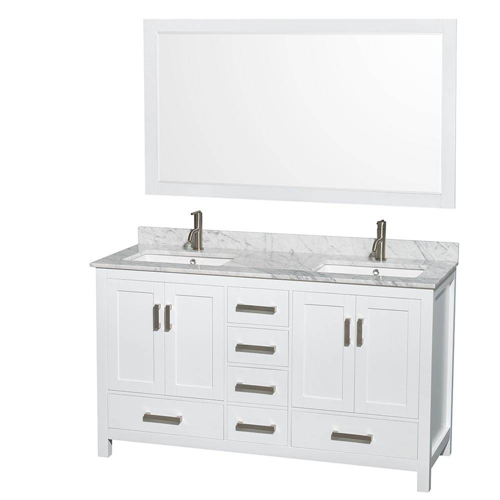 Wyndham Collection Sheffield 60 Inch Double Bathroom Vanity in White, White Carrara Marble Countertop, Undermount Square Sinks, and 58 Inch Mirror