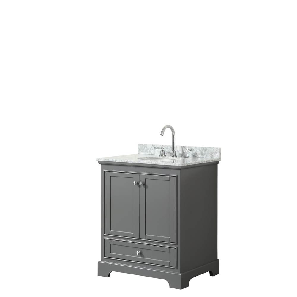 Wyndham Collection Deborah 30 Inch Single Bathroom Vanity in Dark Gray, White Carrara Marble Countertop, Undermount Oval Sink, and No Mirror