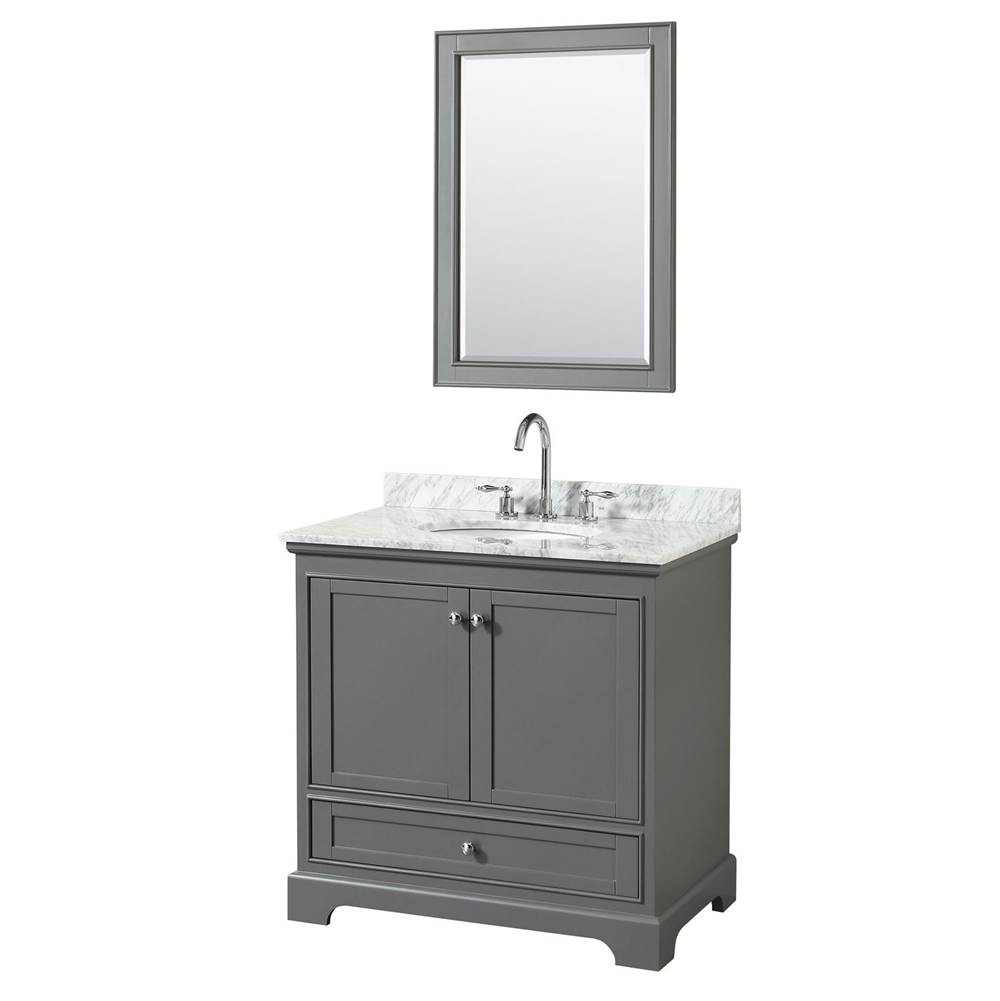Wyndham Collection Deborah 36 Inch Single Bathroom Vanity in Dark Gray, White Carrara Marble Countertop, Undermount Oval Sink, and 24 Inch Mirror