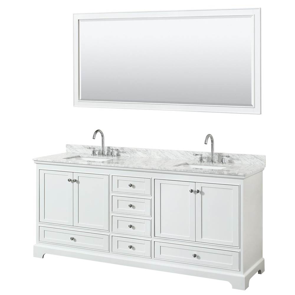 Wyndham Collection Deborah 80 Inch Double Bathroom Vanity in White, White Carrara Marble Countertop, Undermount Square Sinks, and 70 Inch Mirror