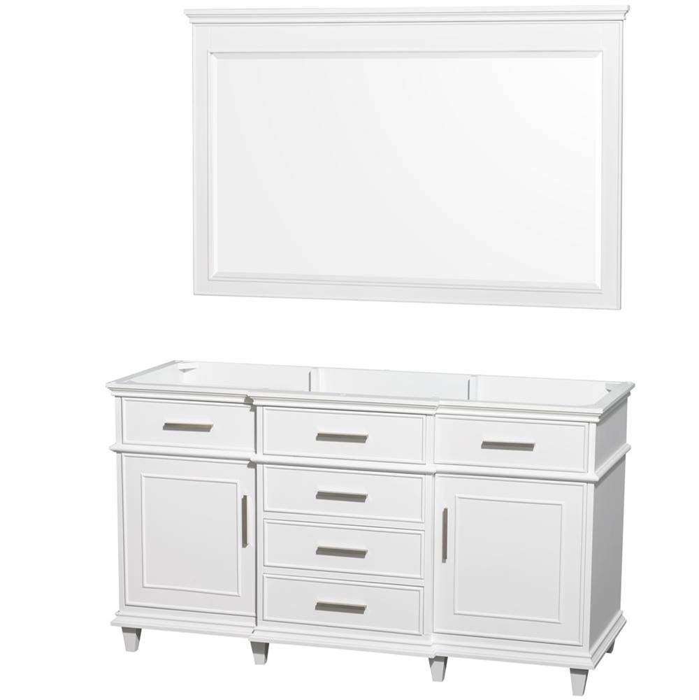 Wyndham Collection Berkeley 60 Inch Single Bathroom Vanity in White with No Countertop and No Sink and 56 Inch Mirror