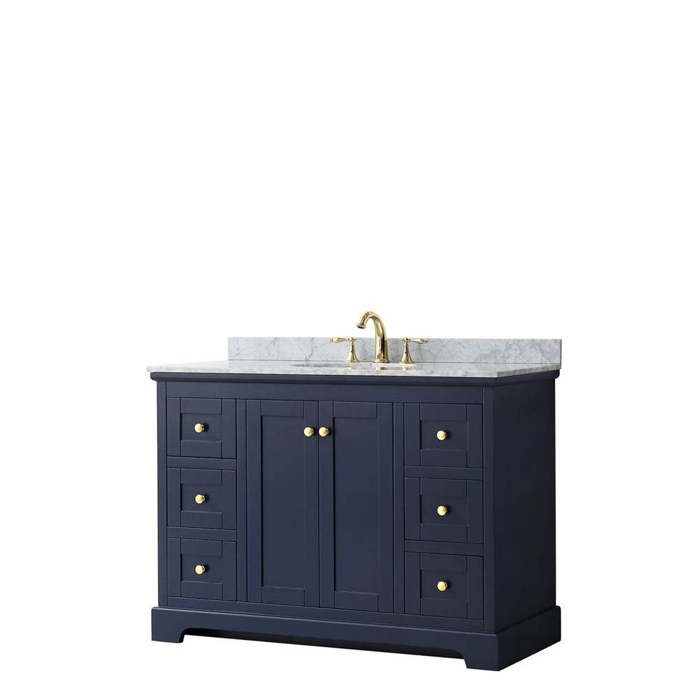 Wyndham Collection Avery 48 Inch Single Bathroom Vanity in Dark Blue, White Carrara Marble Countertop, Undermount Oval Sink, and No Mirror