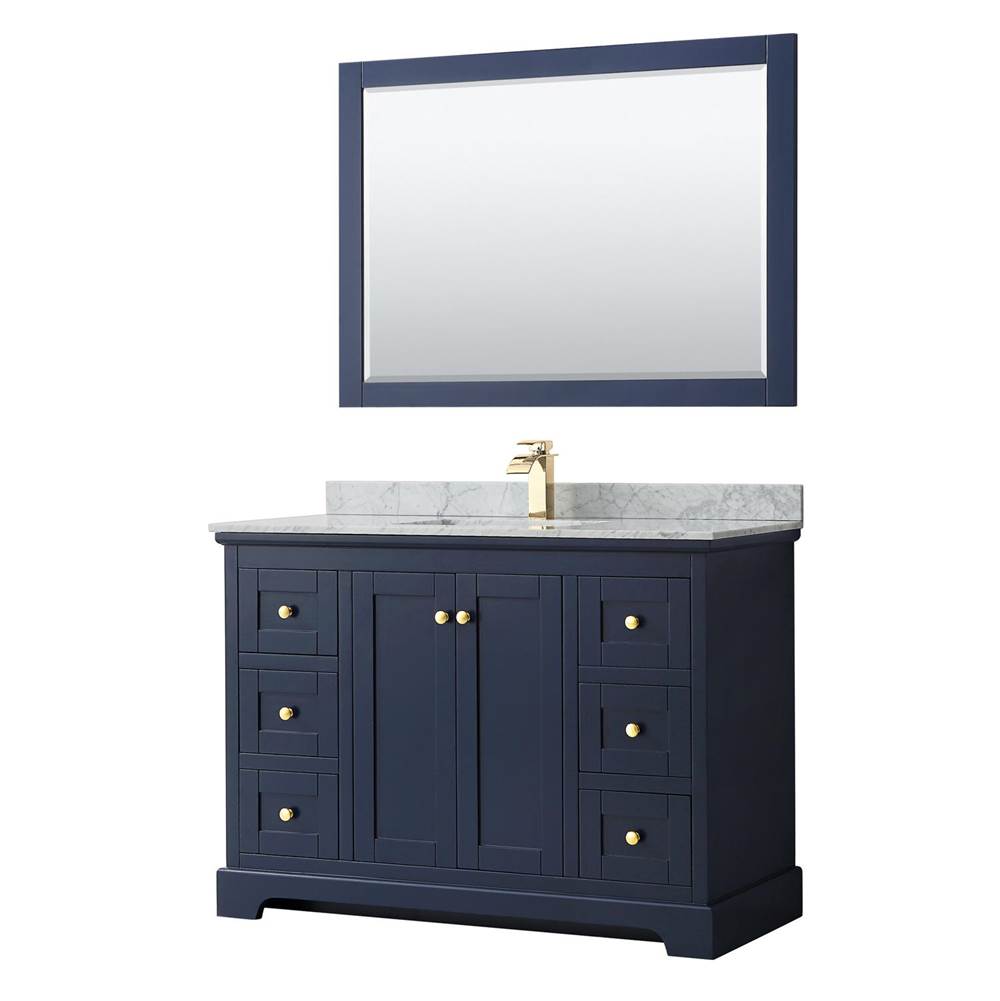Wyndham Collection Avery 48 Inch Single Bathroom Vanity in Dark Blue, White Carrara Marble Countertop, Undermount Square Sink, and 46 Inch Mirror