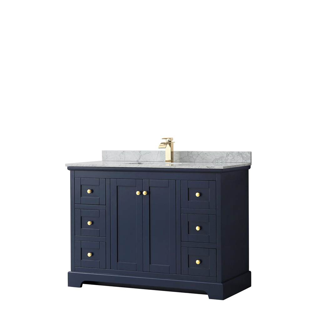 Wyndham Collection Avery 48 Inch Single Bathroom Vanity in Dark Blue, White Carrara Marble Countertop, Undermount Square Sink, and No Mirror