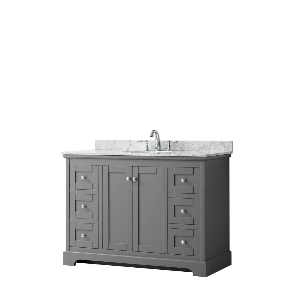 Wyndham Collection Avery 48 Inch Single Bathroom Vanity in Dark Gray, White Carrara Marble Countertop, Undermount Oval Sink, and No Mirror