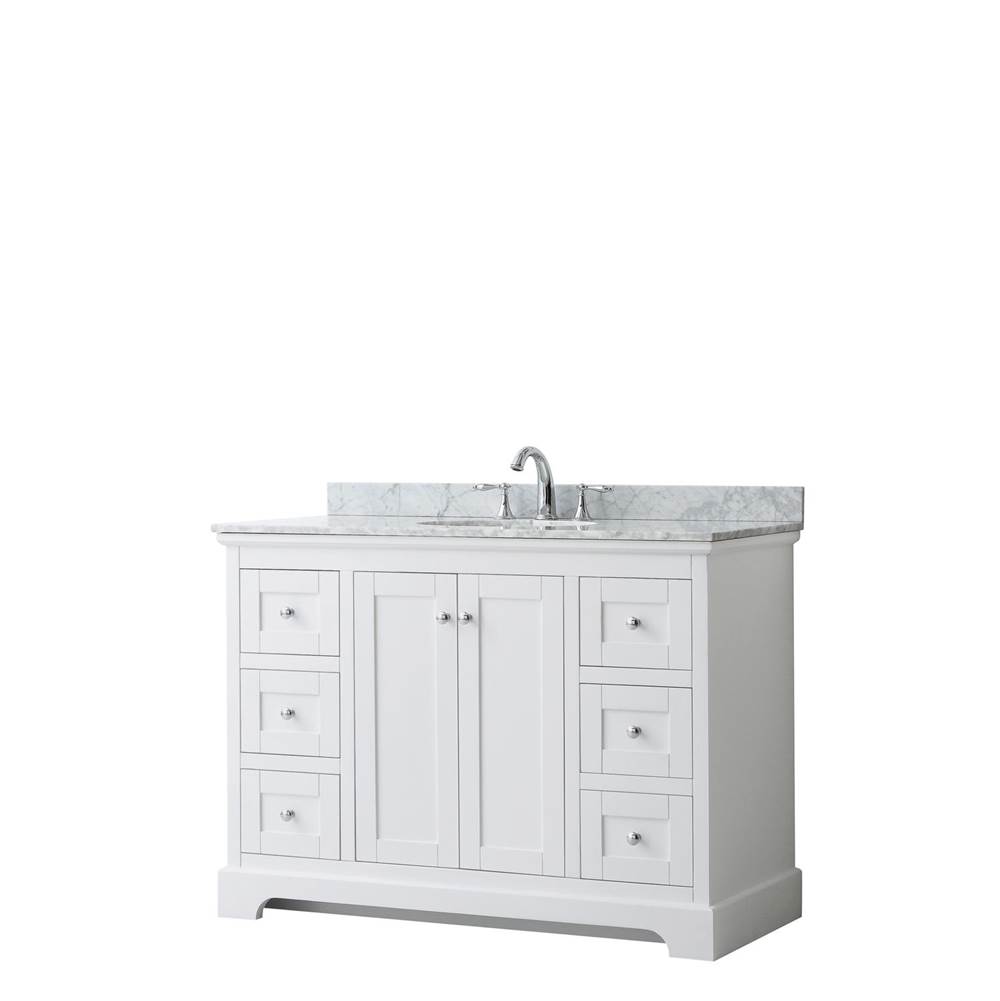 Wyndham Collection Avery 48 Inch Single Bathroom Vanity in White, White Carrara Marble Countertop, Undermount Oval Sink, and No Mirror