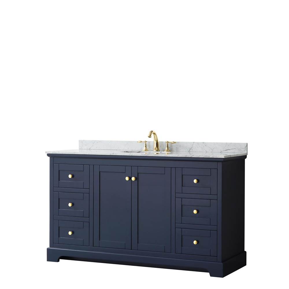 Wyndham Collection Avery 60 Inch Single Bathroom Vanity in Dark Blue, White Carrara Marble Countertop, Undermount Oval Sink, and No Mirror