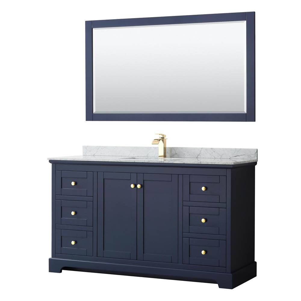Wyndham Collection Avery 60 Inch Single Bathroom Vanity in Dark Blue, White Carrara Marble Countertop, Undermount Square Sink, and 58 Inch Mirror
