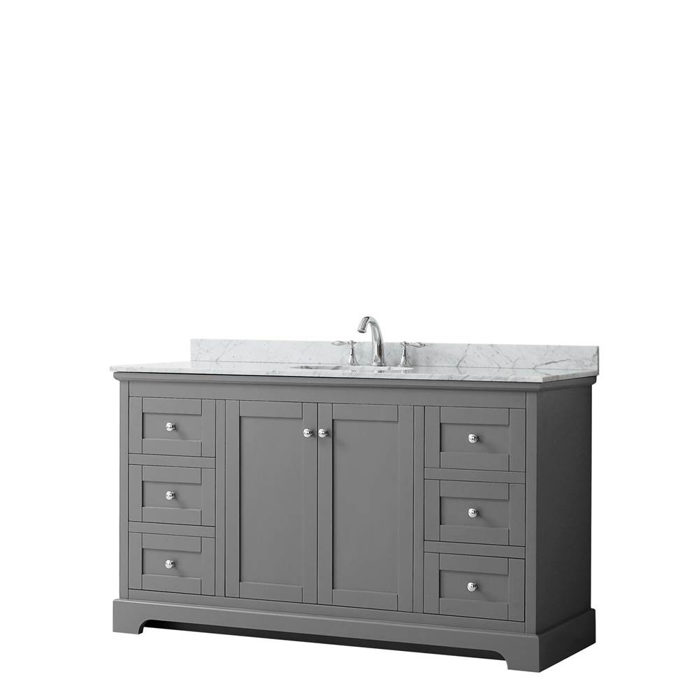 Wyndham Collection Avery 60 Inch Single Bathroom Vanity in Dark Gray, White Carrara Marble Countertop, Undermount Oval Sink, and No Mirror