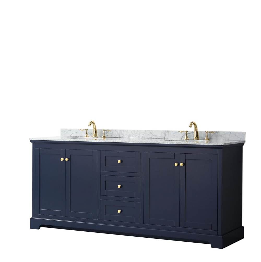 Wyndham Collection Avery 80 Inch Double Bathroom Vanity in Dark Blue, White Carrara Marble Countertop, Undermount Oval Sinks, and No Mirror