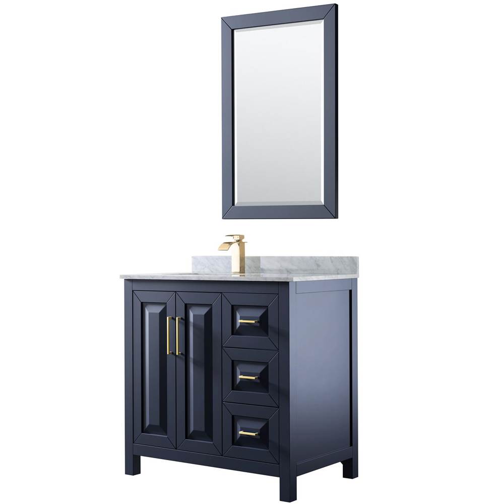 Wyndham Collection Daria 36 Inch Single Bathroom Vanity in Dark Blue, White Carrara Marble Countertop, Undermount Square Sink, 24 Inch Mirror