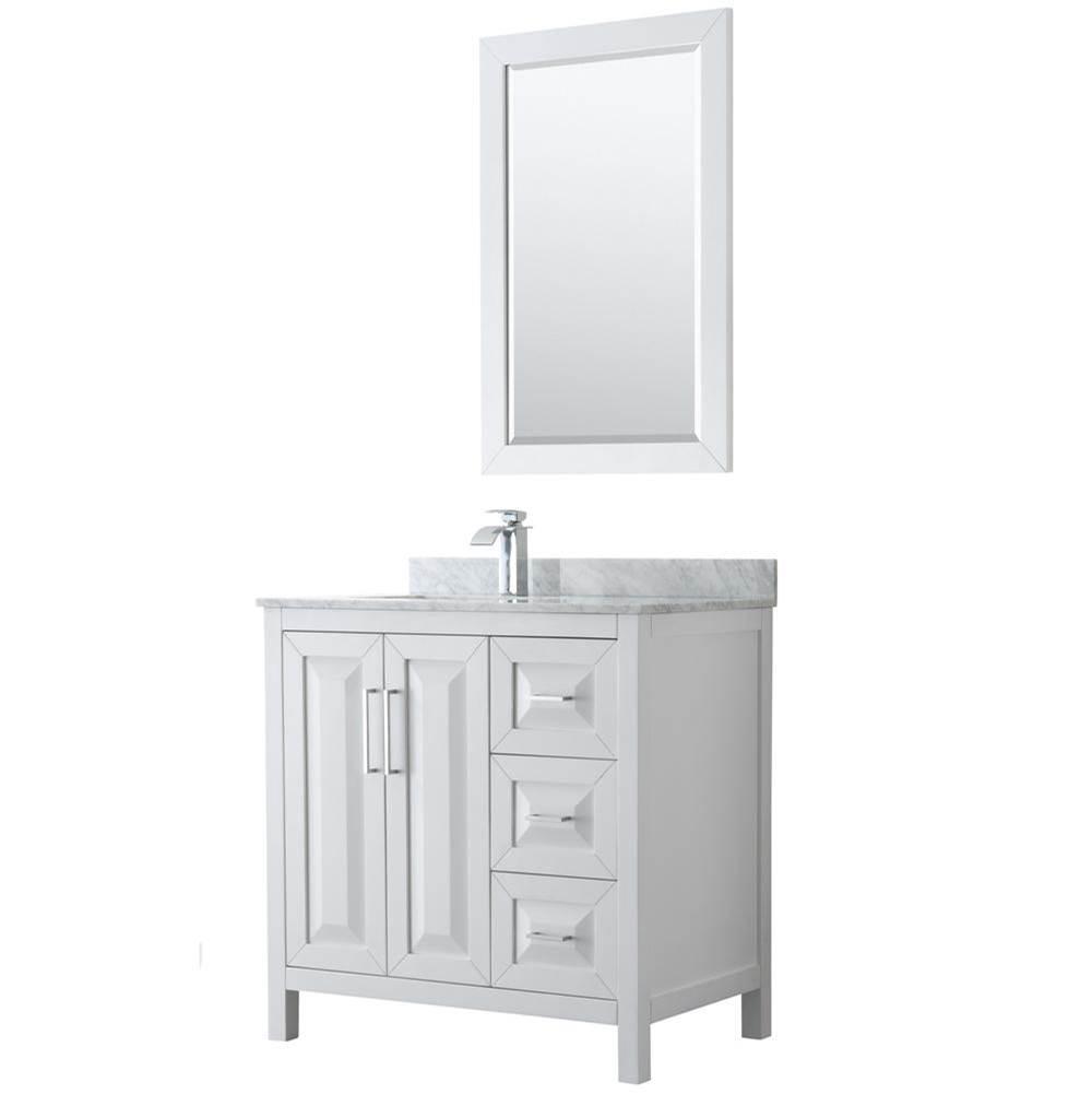 Wyndham Collection Daria 36 Inch Single Bathroom Vanity in White, White Carrara Marble Countertop, Undermount Square Sink, and 24 Inch Mirror