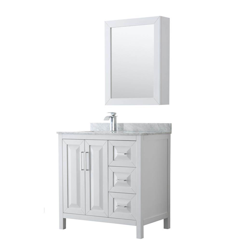 Wyndham Collection Daria 36 Inch Single Bathroom Vanity in White, White Carrara Marble Countertop, Undermount Square Sink, and Medicine Cabinet