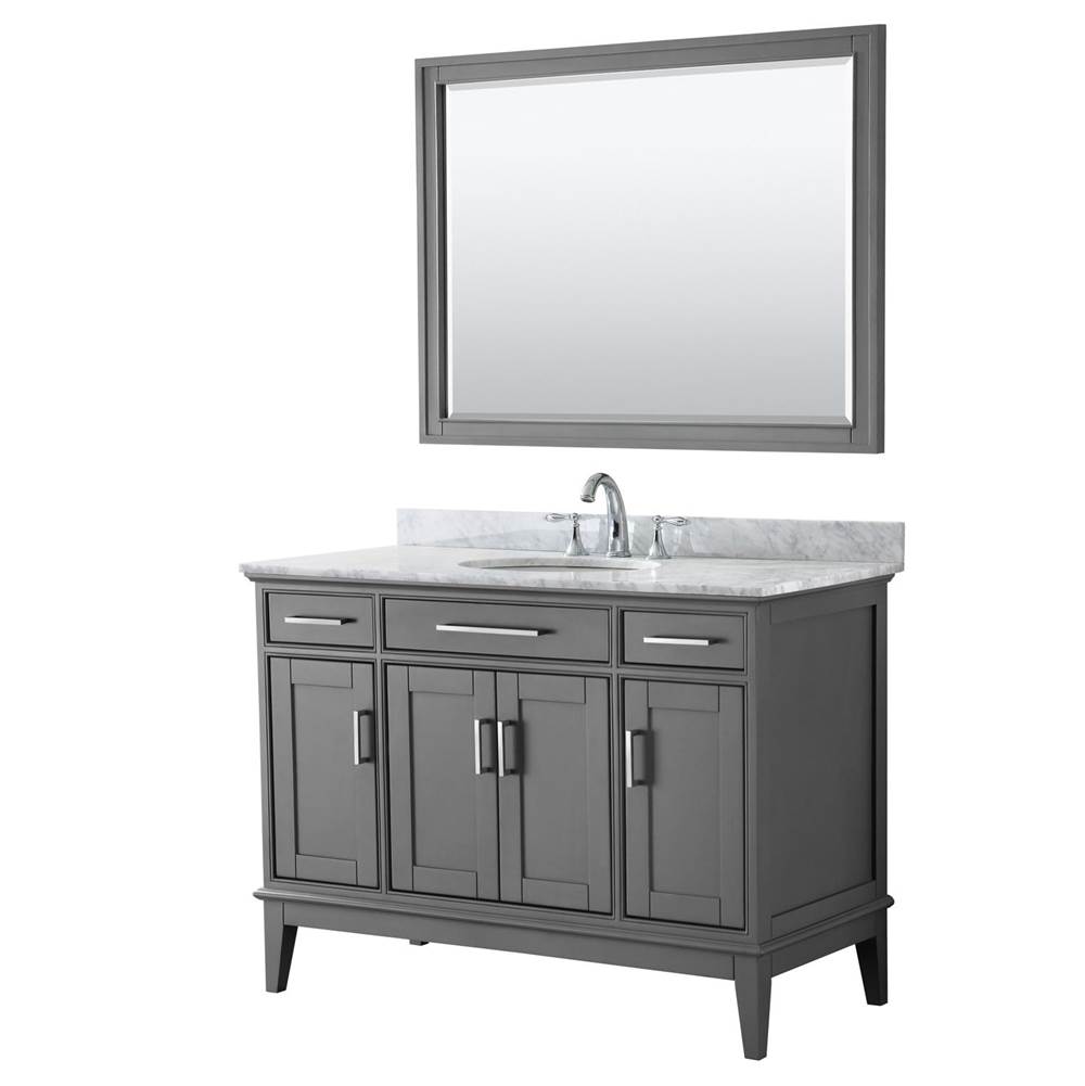 Wyndham Collection Margate 48 Inch Single Bathroom Vanity in Dark Gray, White Carrara Marble Countertop, Undermount Oval Sink, and 44 Inch Mirror