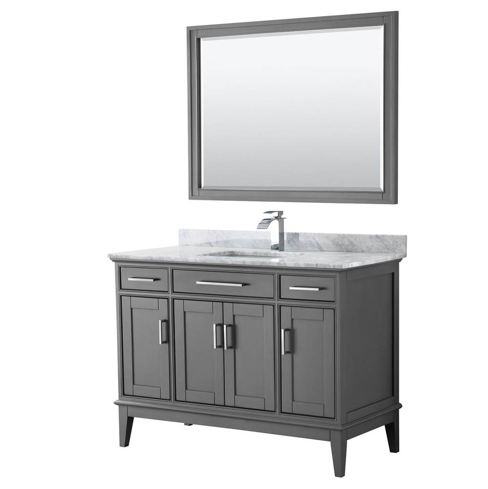Wyndham Collection Margate 48 Inch Single Bathroom Vanity in Dark Gray, White Carrara Marble Countertop, Undermount Square Sink, and 44 Inch Mirror