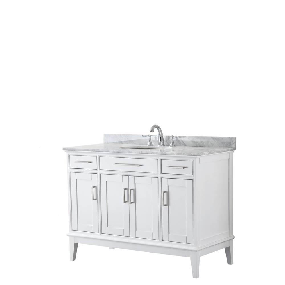 Wyndham Collection Margate 48 Inch Single Bathroom Vanity in White, White Carrara Marble Countertop, Undermount Oval Sink, and No Mirror