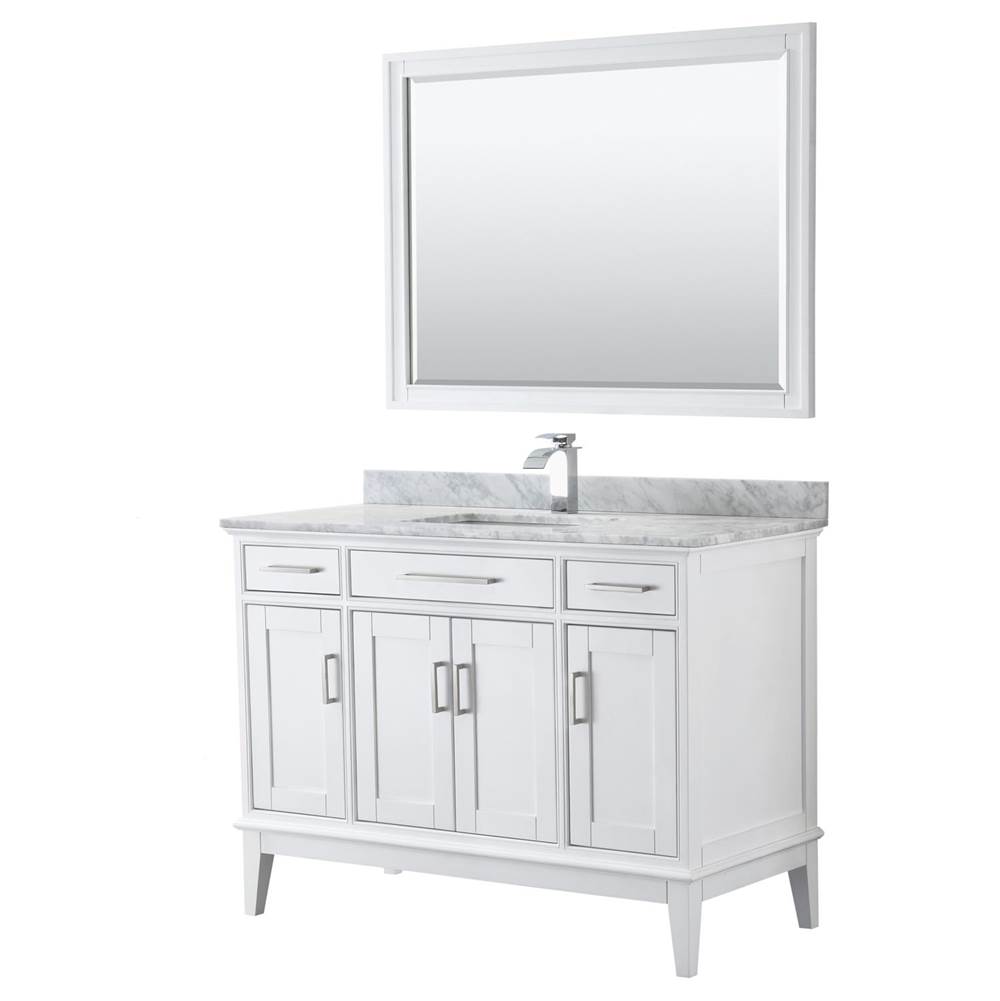 Wyndham Collection Margate 48 Inch Single Bathroom Vanity in White, White Carrara Marble Countertop, Undermount Square Sink, and 44 Inch Mirror