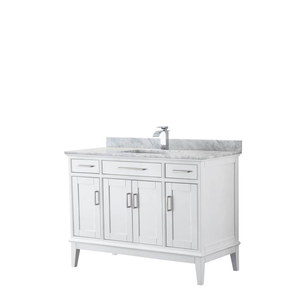 Wyndham Collection Margate 48 Inch Single Bathroom Vanity in White, White Carrara Marble Countertop, Undermount Square Sink, and No Mirror