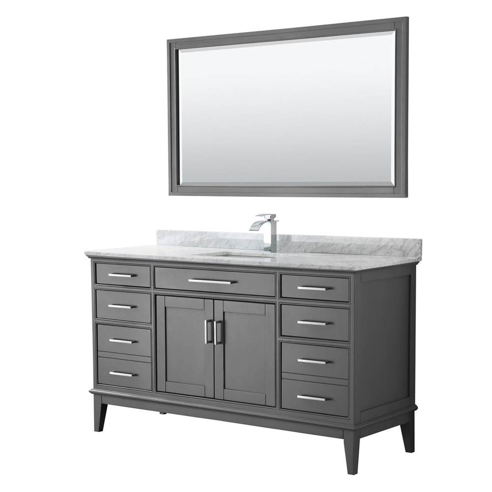 Wyndham Collection Margate 60 Inch Single Bathroom Vanity in Dark Gray, White Carrara Marble Countertop, Undermount Square Sink, and 56 Inch Mirror