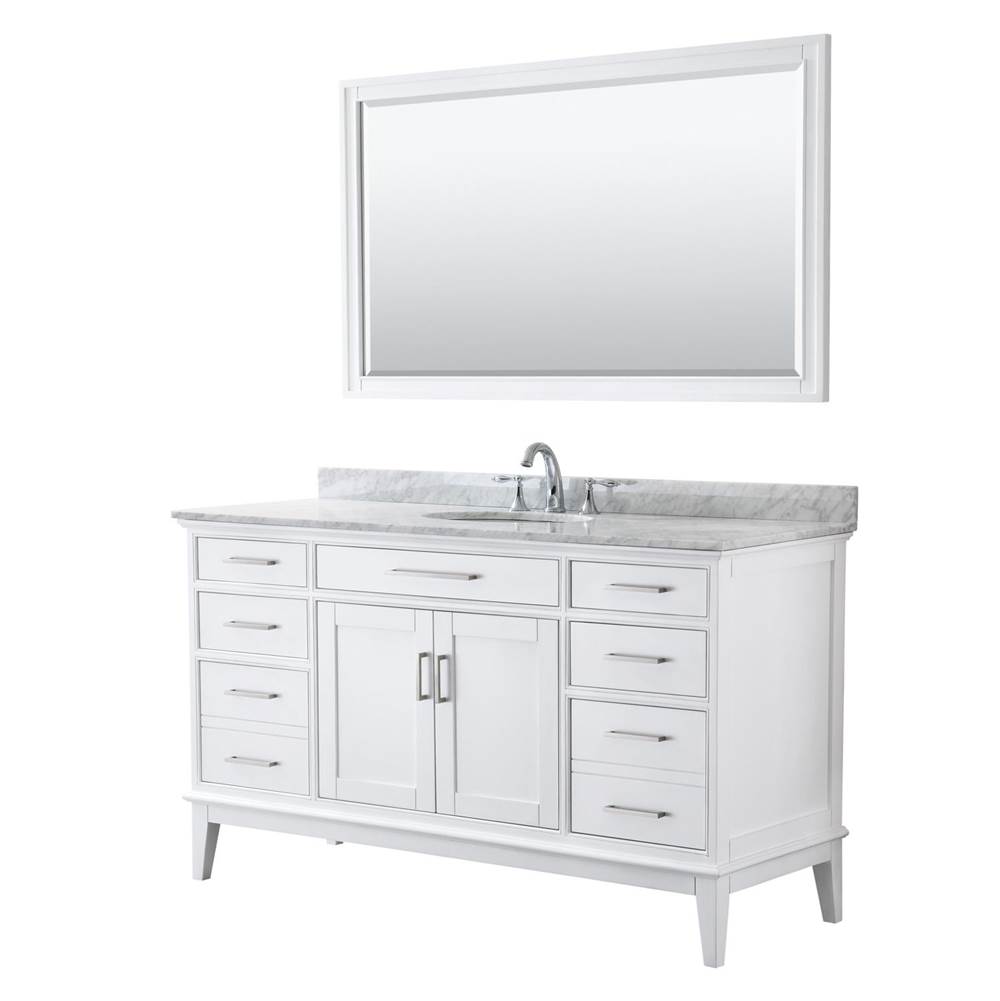 Wyndham Collection Margate 60 Inch Single Bathroom Vanity in White, White Carrara Marble Countertop, Undermount Oval Sink, and 56 Inch Mirror