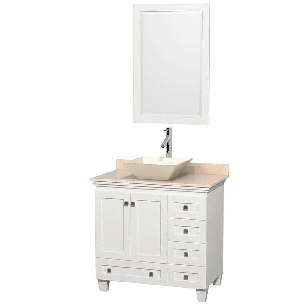 Wyndham Collection Acclaim 36 Inch Single Bathroom Vanity in White, Ivory Marble Countertop, Pyra Bone Porcelain Sink, and 24 Inch Mirror