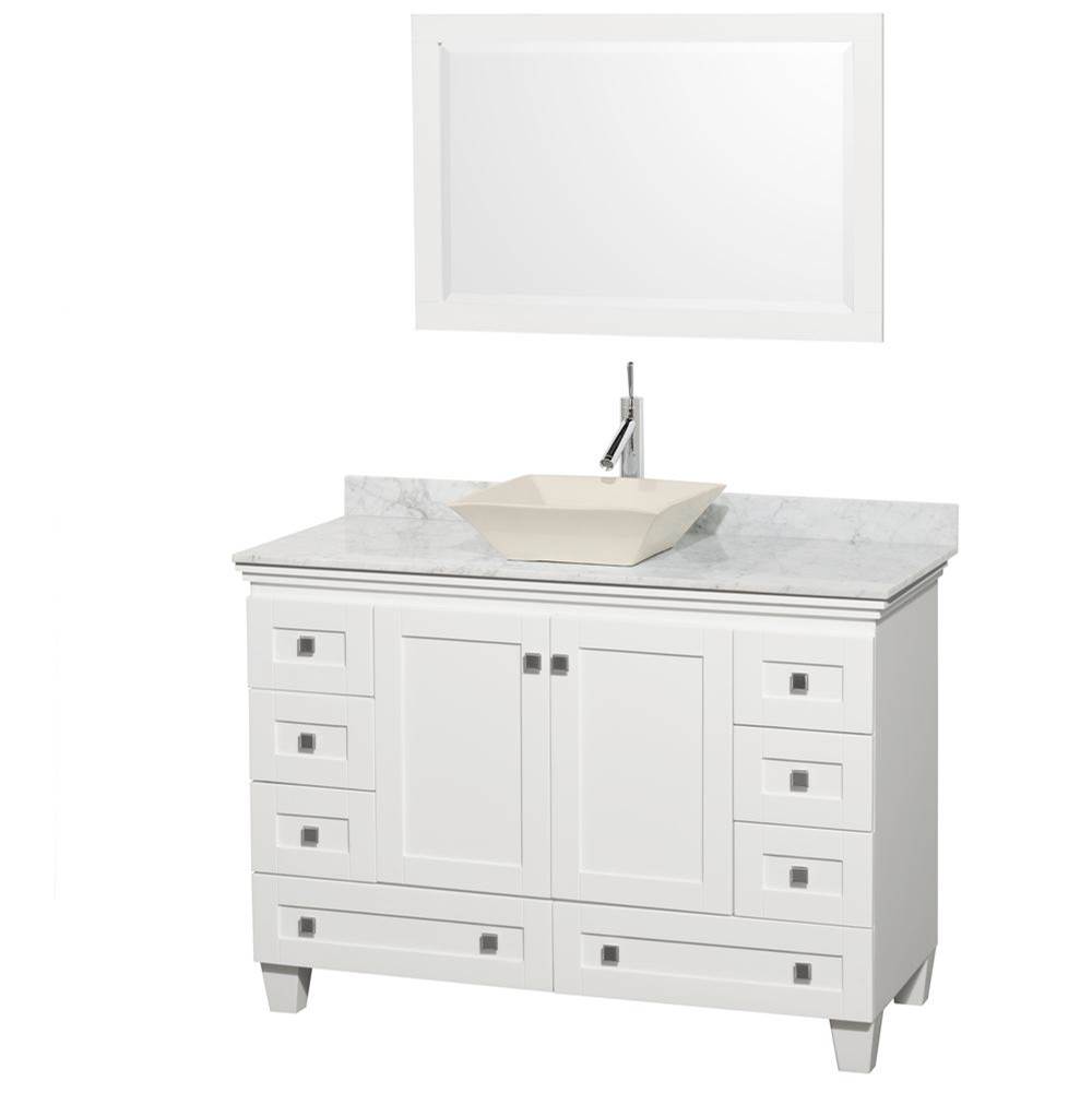 Wyndham Collection Acclaim 48 Inch Single Bathroom Vanity in White, White Carrara Marble Countertop, Pyra Bone Sink, and 24 Inch Mirror