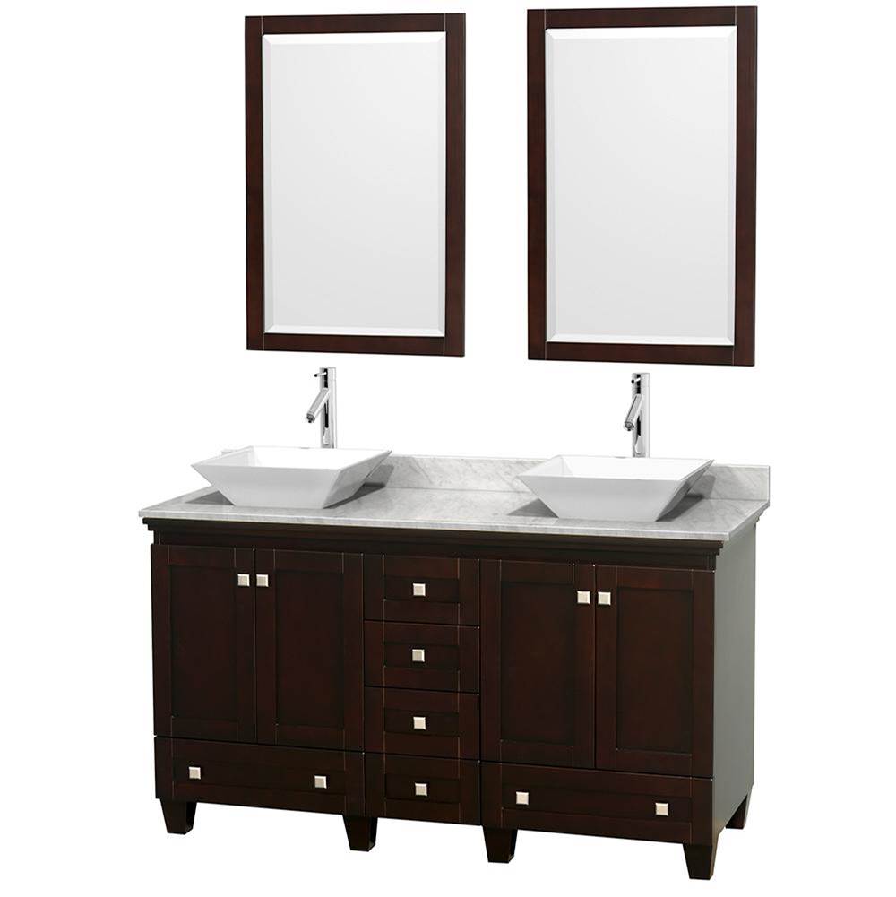 Wyndham Collection Acclaim 60 Inch Double Bathroom Vanity in Espresso, White Carrara Marble Countertop, Pyra White Sinks, and 24 Inch Mirrors