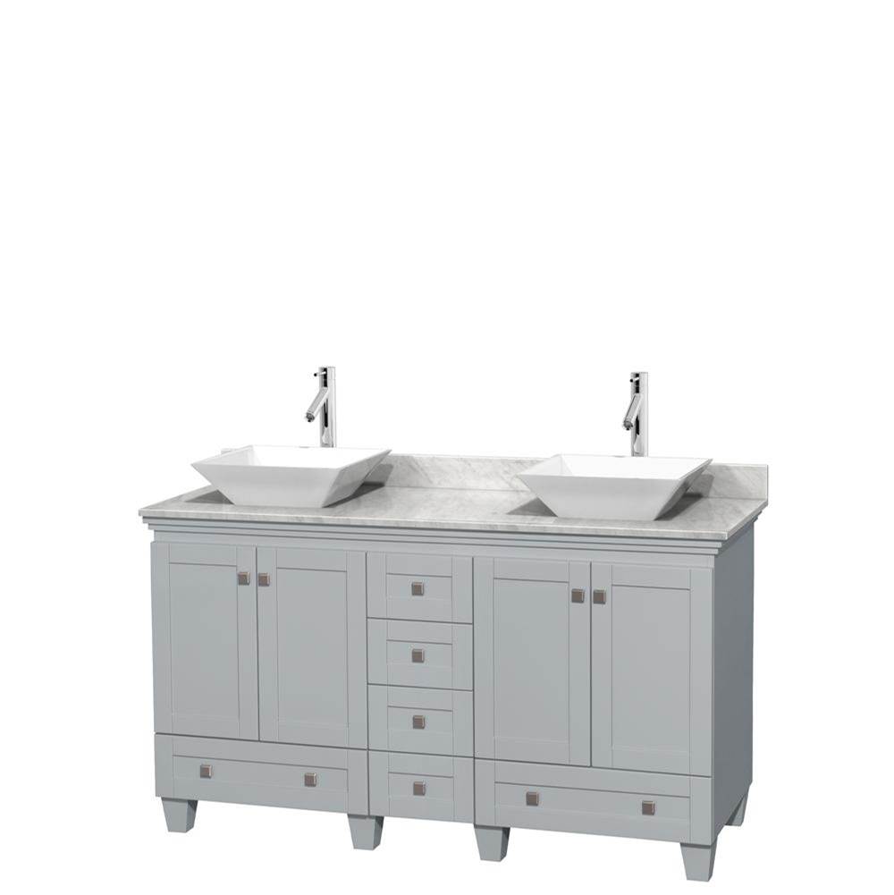 Wyndham Collection Acclaim 60 Inch Double Bathroom Vanity in Oyster Gray, White Carrara Marble Countertop, Pyra White Porcelain Sinks, and No Mirrors